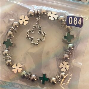 Silver and Green Cross Charm Bracelet